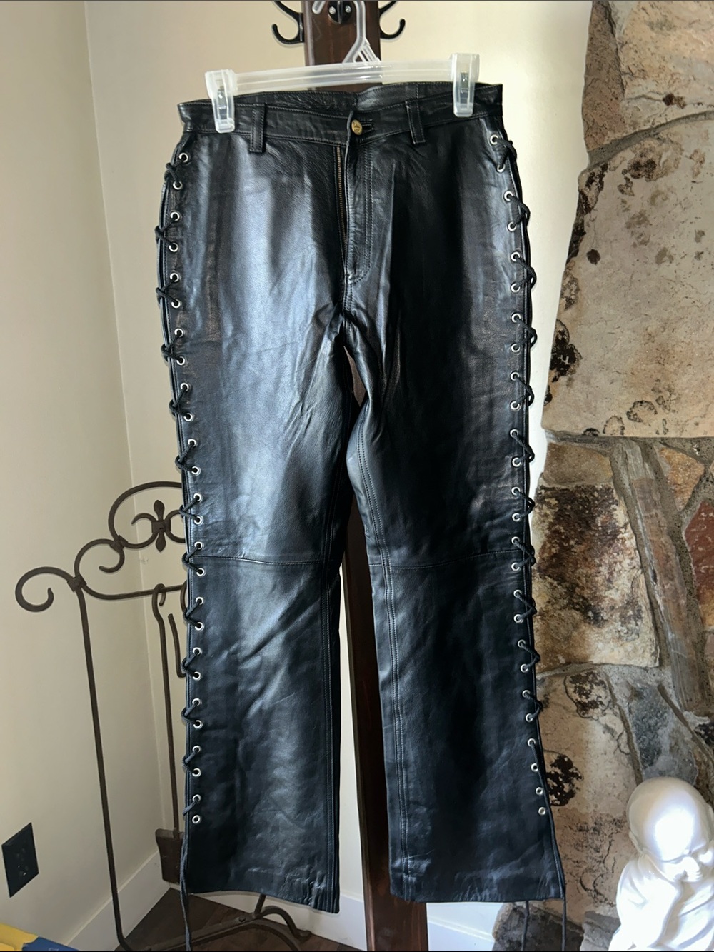 Black Leather Straight-Leg Pants with Side Lace-Up Detail